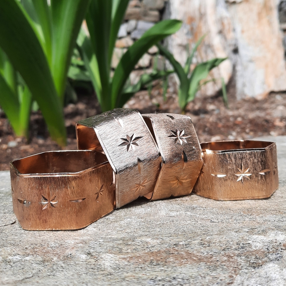 Vintage Textured Brass Gold Tone Hexagon Shaped Napkin Rings